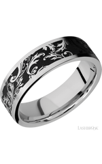 7 mm wide/Flat/Cobalt Chrome band with a laser carved Black Leaf pattern.