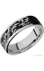 7 mm wide/Flat/Cobalt Chrome band with a laser carved Black Leaf pattern.