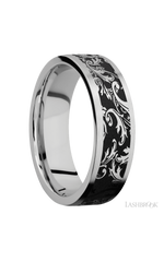 7 mm wide/Flat/Cobalt Chrome band with a laser carved Black Leaf pattern.