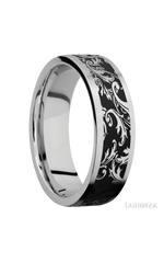 7 mm wide/Flat/Cobalt Chrome band with a laser carved Black Leaf pattern.