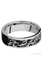 7 mm wide/Flat/Cobalt Chrome band with a laser carved Black Leaf pattern.