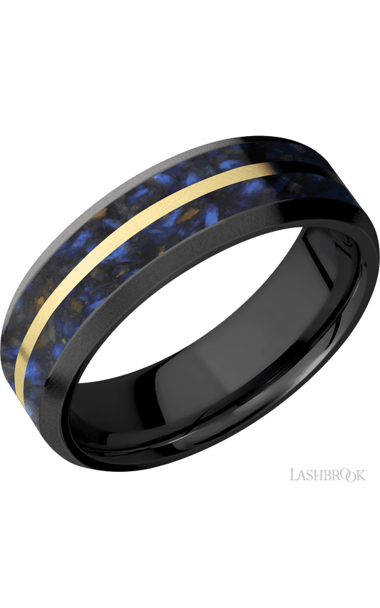 7 mm wide/Beveled/Zirconium band featuring inlays of Blue Tiger Eye and 14K Yellow Gold.