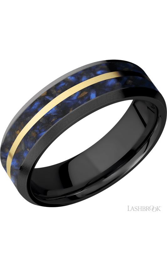 7 mm wide/Beveled/Zirconium band featuring inlays of Blue Tiger Eye and 14K Yellow Gold.