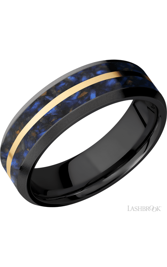 7 mm wide/Beveled/Zirconium band featuring inlays of Blue Tiger Eye and 14K Yellow Gold.