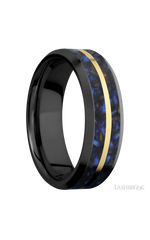7 mm wide/Beveled/Zirconium band featuring inlays of Blue Tiger Eye and 14K Yellow Gold.
