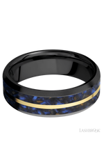 7 mm wide/Beveled/Zirconium band featuring inlays of Blue Tiger Eye and 14K Yellow Gold.