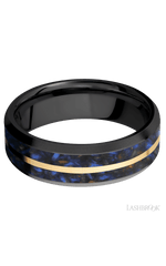 7 mm wide/Beveled/Zirconium band featuring inlays of Blue Tiger Eye and 14K Yellow Gold.