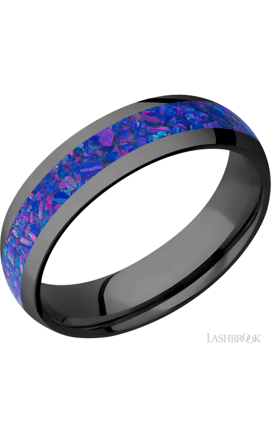 6 mm wide/Domed/Zirconium band with one 3 mm Centered inlay of Purple Opal.