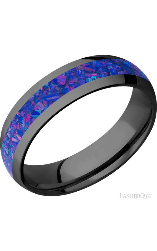 6 mm wide/Domed/Zirconium band with one 3 mm Centered inlay of Purple Opal.