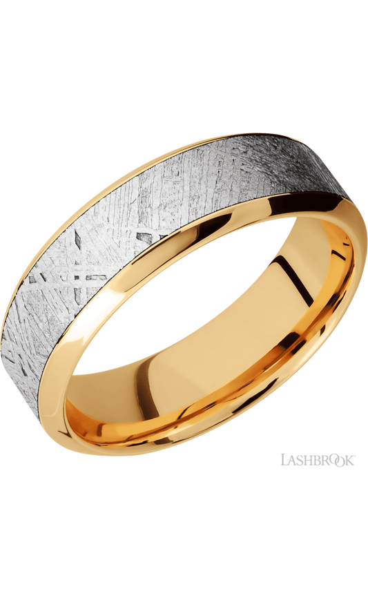 7 mm wide/High Bevel/18K Yellow Gold band with one 4 mm Centered inlay of Meteorite.