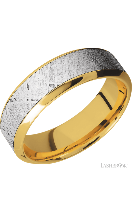 7 mm wide/High Bevel/18K Yellow Gold band with one 4 mm Centered inlay of Meteorite.