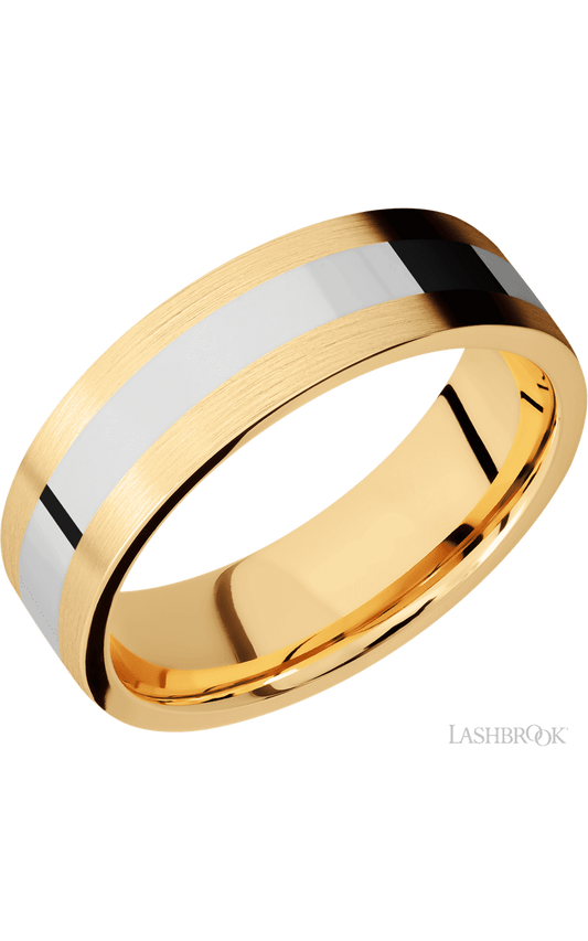 7 mm wide/Flat/14K Yellow Gold band with one 3 mm Centered inlay of 14K White Gold.