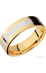 7 mm wide/Flat/14K Yellow Gold band with one 3 mm Centered inlay of 14K White Gold.