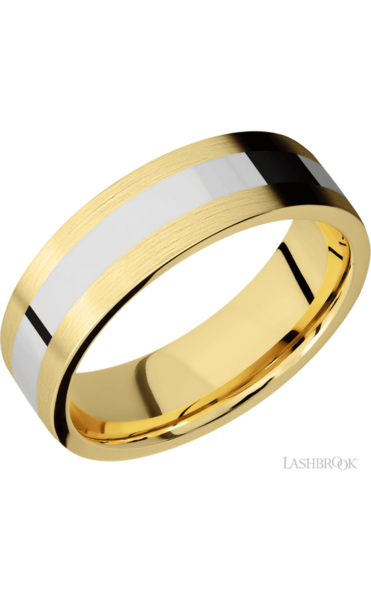 7 mm wide/Flat/14K Yellow Gold band with one 3 mm Centered inlay of 14K White Gold.