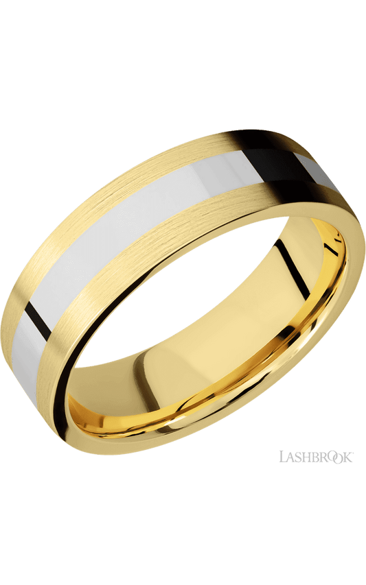 7 mm wide/Flat/14K Yellow Gold band with one 3 mm Centered inlay of 14K White Gold.