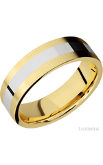 7 mm wide/Flat/14K Yellow Gold band with one 3 mm Centered inlay of 14K White Gold.