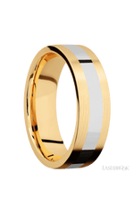 7 mm wide/Flat/14K Yellow Gold band with one 3 mm Centered inlay of 14K White Gold.