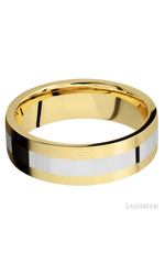 7 mm wide/Flat/14K Yellow Gold band with one 3 mm Centered inlay of 14K White Gold.