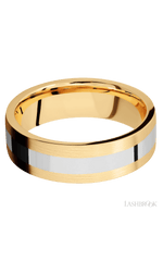 7 mm wide/Flat/14K Yellow Gold band with one 3 mm Centered inlay of 14K White Gold.