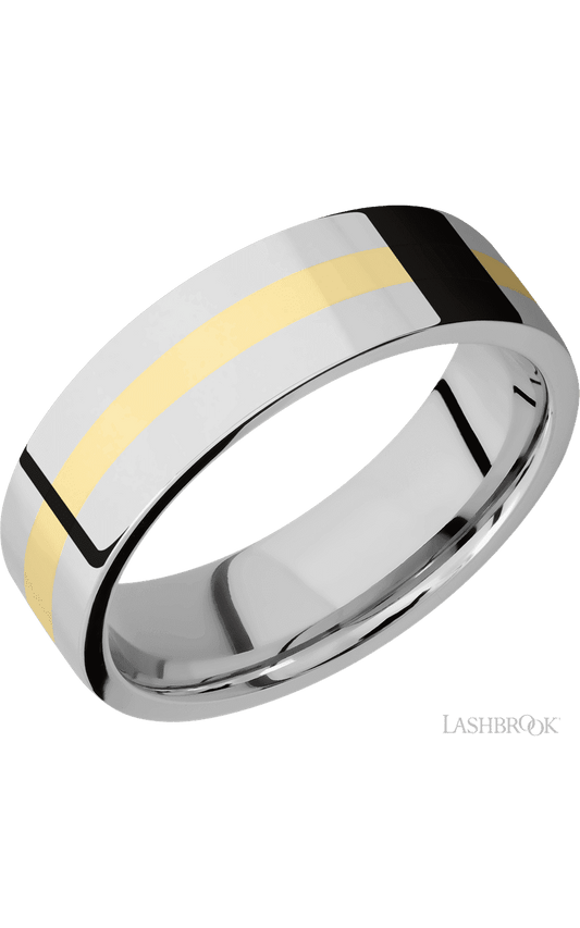 7 mm wide/Flat/14K White Gold band with one 2 mm Centered inlay of 14K Yellow Gold.