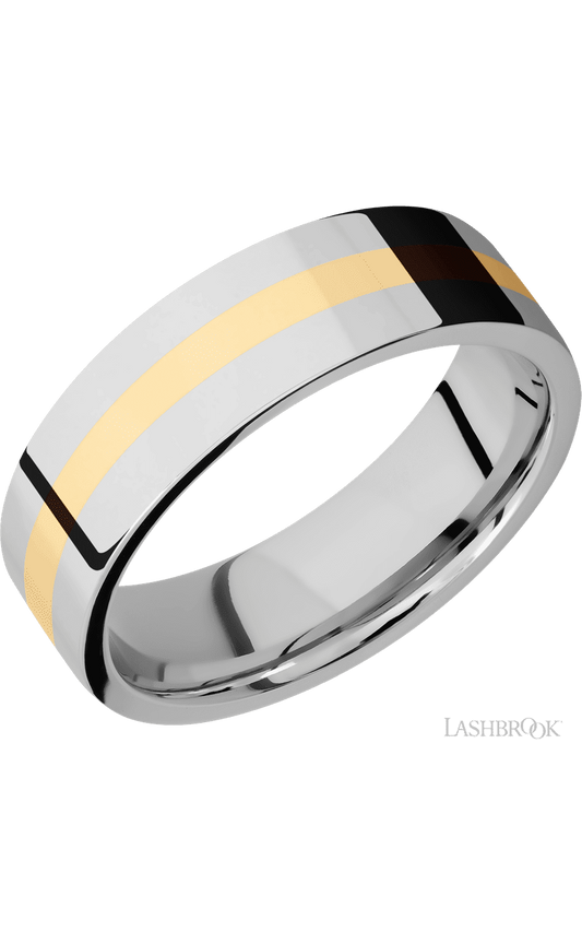 7 mm wide/Flat/14K White Gold band with one 2 mm Centered inlay of 14K Yellow Gold.