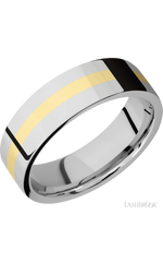 7 mm wide/Flat/14K White Gold band with one 2 mm Centered inlay of 14K Yellow Gold.