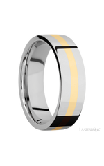 7 mm wide/Flat/14K White Gold band with one 2 mm Centered inlay of 14K Yellow Gold.