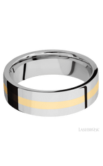 7 mm wide/Flat/14K White Gold band with one 2 mm Centered inlay of 14K Yellow Gold.