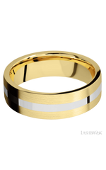 7 mm wide/Flat/14K Yellow Gold band with one 2 mm Centered inlay of 14K White Gold.