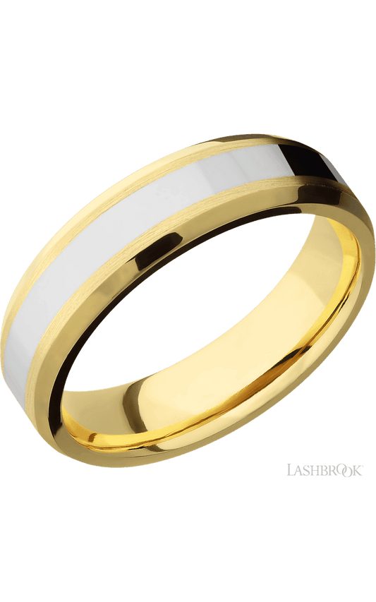 6 mm wide/Beveled/14K Yellow Gold band with one 3 mm Centered inlay of 14K White Gold.