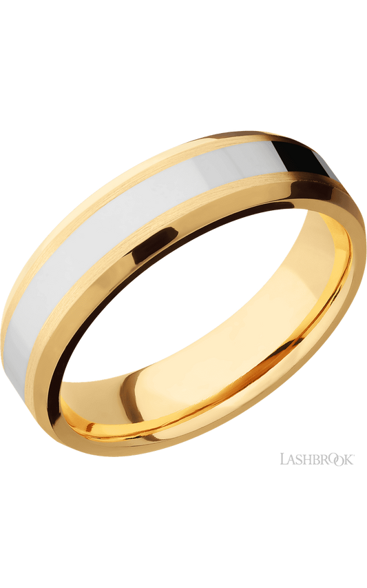 6 mm wide/Beveled/14K Yellow Gold band with one 3 mm Centered inlay of 14K White Gold.