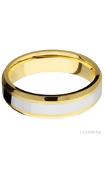 6 mm wide/Beveled/14K Yellow Gold band with one 3 mm Centered inlay of 14K White Gold.