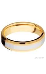 6 mm wide/Beveled/14K Yellow Gold band with one 3 mm Centered inlay of 14K White Gold.