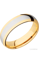 6 mm wide/Domed/14K Yellow Gold band with one 3 mm Centered inlay of 14K White Gold.