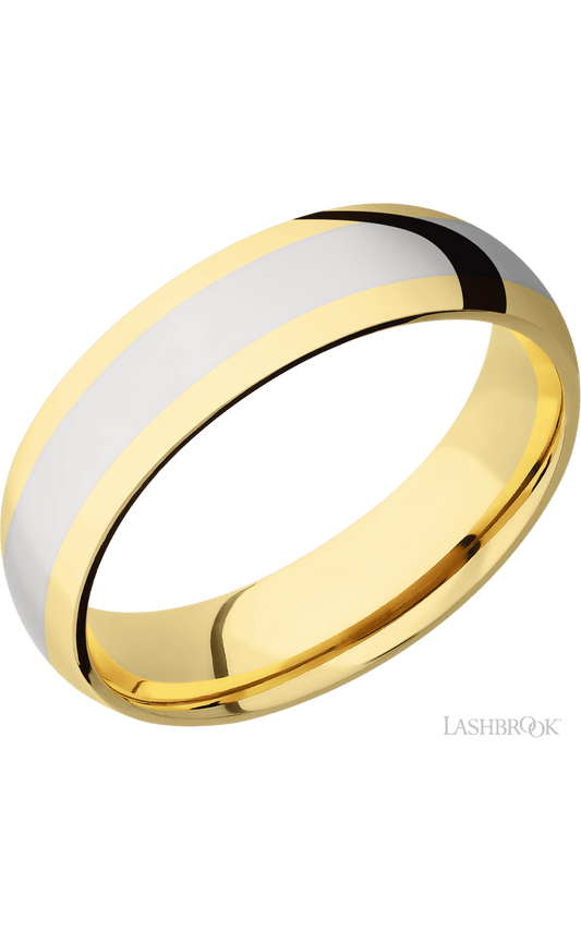 6 mm wide/Domed/14K Yellow Gold band with one 3 mm Centered inlay of 14K White Gold.