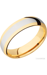 6 mm wide/Domed/14K Yellow Gold band with one 3 mm Centered inlay of 14K White Gold.