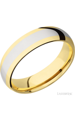 6 mm wide/Domed/14K Yellow Gold band with one 3 mm Centered inlay of 14K White Gold.