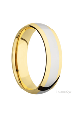 6 mm wide/Domed/14K Yellow Gold band with one 3 mm Centered inlay of 14K White Gold.