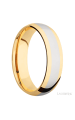 6 mm wide/Domed/14K Yellow Gold band with one 3 mm Centered inlay of 14K White Gold.