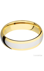 6 mm wide/Domed/14K Yellow Gold band with one 3 mm Centered inlay of 14K White Gold.