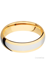 6 mm wide/Domed/14K Yellow Gold band with one 3 mm Centered inlay of 14K White Gold.