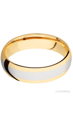 6 mm wide/Domed/14K Yellow Gold band with one 3 mm Centered inlay of 14K White Gold.