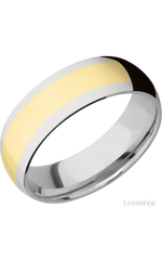 7 mm wide/Domed/14K White Gold band with one 4 mm Centered inlay of 14K Yellow Gold.