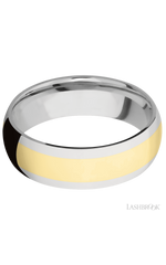 7 mm wide/Domed/14K White Gold band with one 4 mm Centered inlay of 14K Yellow Gold.