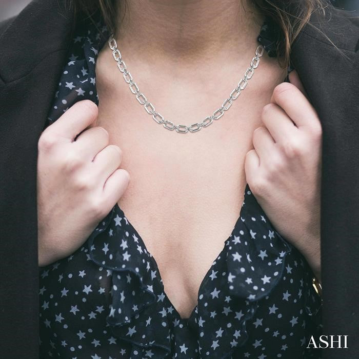 ASHI Silver Bold Rectangular Shape Link Diamond Necklace 85435PPSSSLNK