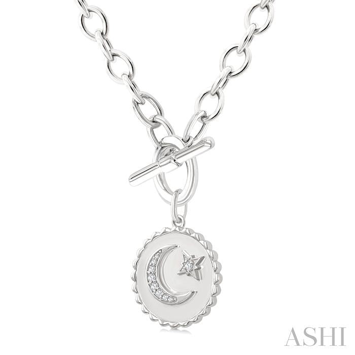 ASHI Silver Crescent Moon & Star Toggle Diamond Fashion Necklace 882A8PPSSSLNK