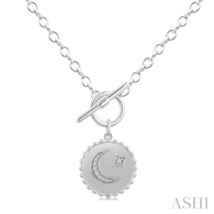 ASHI Silver Crescent Moon & Star Toggle Diamond Fashion Necklace 882A8PPSSSLNK