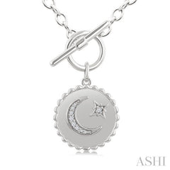 ASHI Silver Crescent Moon & Star Toggle Diamond Fashion Necklace 882A8PPSSSLNK