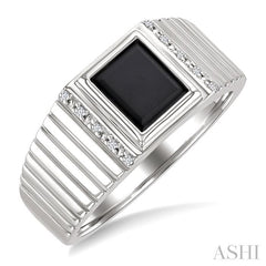 ASHI Silver Emerald Shape Men's Onyx Diamond Ring 883B9PPSSOXSLRG