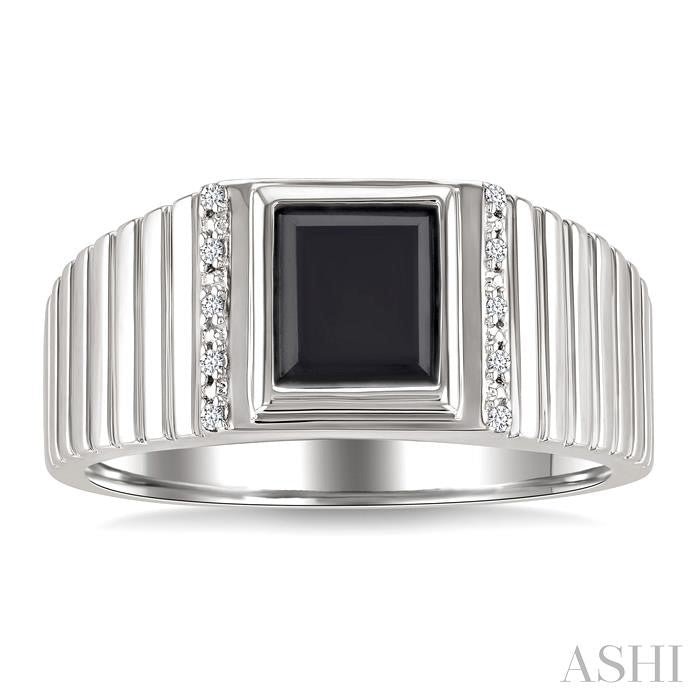 ASHI Silver Emerald Shape Men's Onyx Diamond Ring 883B9PPSSOXSLRG